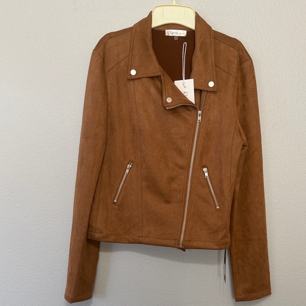 Rielle Stylish Brown Suede-Like Moto‎ Jacket Women’s L Boho Chic Earth Tones